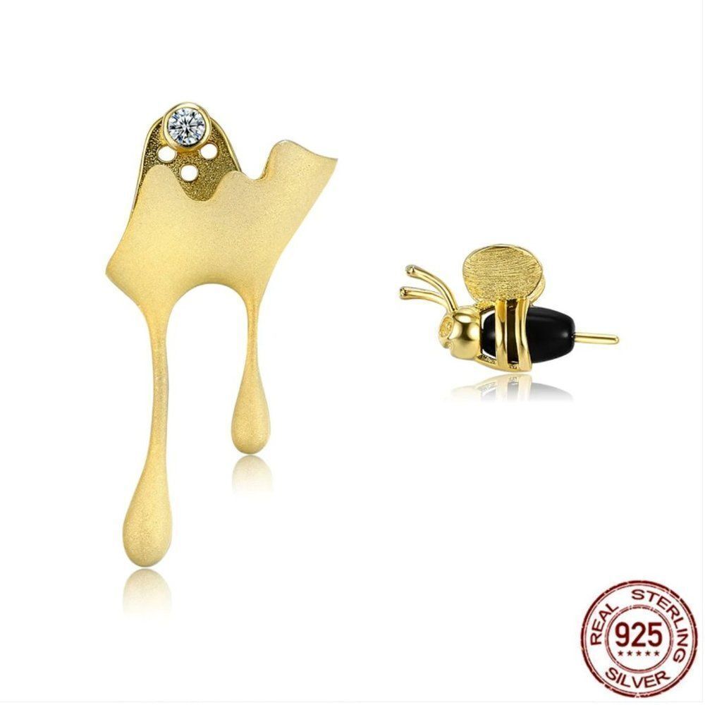 18K Gold Bumblebee & Dripping Honey Asymmetric Stud Earrings